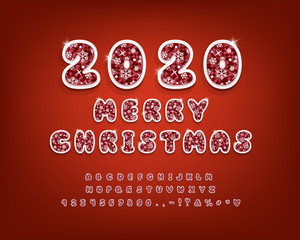 Merry Christmas sticker alphabet. Bubble 3D vector font with ice texture, white snowflakes and shining stars. Uppercase letters, numbers and punctuation marks. Beautiful typeface for Christmas