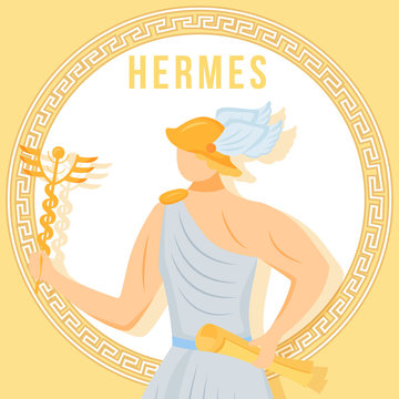 Hermes yellow social media post mockup. Ancient Greek god. Mythological figure. Web banner design template. Social media booster, content layout. Poster, printable card with flat illustrations