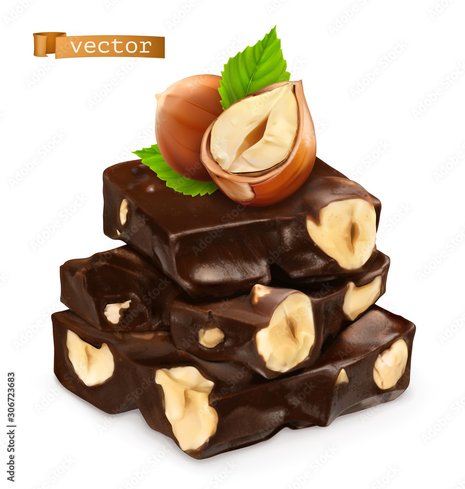 Wall mural hazelnuts and chocolate. 3d realistic vector icon