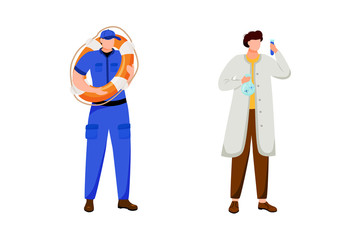 Maritime professions flat vector illustration. Sailor with lifebuoy. Nautical research. Scientist in white coat. Coast guard and marine researcher isolated cartoon characters on white background