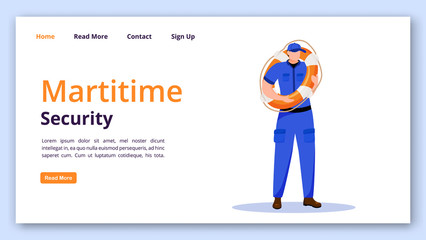 Maritime security landing page vector template. Coast guard website interface idea with flat illustrations. Marine lifeguard homepage layout. Safety equipment web banner, webpage cartoon concept