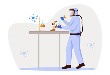 Scientist in protective suit flat vector illustration. Studying medicine, chemistry. Conducting dangerous experiment. Man works with chemicals isolated cartoon character on white background