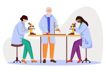 Science students and professor in lab coats flat vector illustration. Studying medicine, chemistry. Conducting experiment with microscope isolated cartoon characters on white background