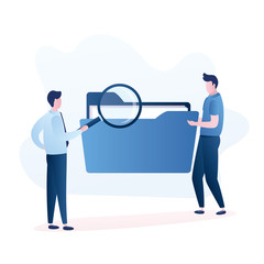 Business people searching through files. Man with folder and male use magnifying glass. Funny characters in trendy style.