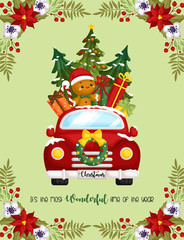 A Vector Card of Cute Gingerbread Man Riding Red Christmas Truck Full of Gifts 