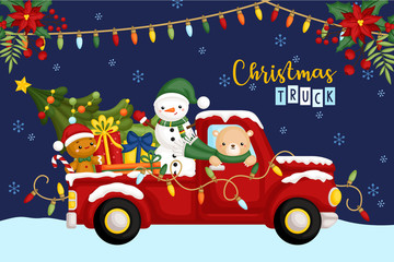 A Vector of Cute Bear Riding Red Christmas Truck Full of Gifts at Night