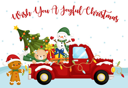 A Vector Card of Cute Christmas Truck Theme with Lots of Christmas Characters and Items