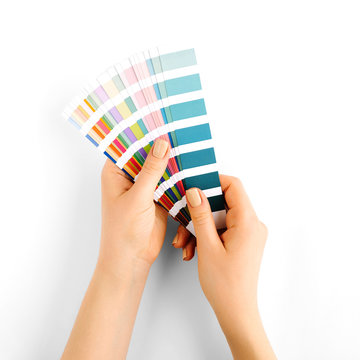 Female hand holding color swatches. Color trend palette. Flat lay, top view.