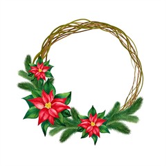 Christmas wreath from a branch of a Christmas tree and poinsettia  flowers on a white background