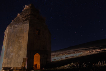 Ancient tombs on the background of the starry night sky of the greatest city of Shamakhi Azerbaijan.