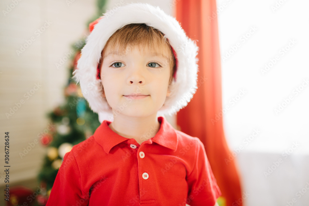 Wall mural Portrait of a little cute boy with blue eyes in a Santa Claus hat in a decorated Christmas room with a xmas tree.