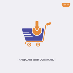 2 color Handcart with downward arrow concept vector icon. isolated two color Handcart with downward arrow vector sign symbol designed with blue and orange colors can be use for web, mobile and logo