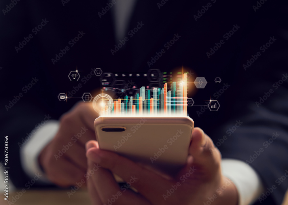 Poster stock exchange market concept, hand trader holding smartphone with graphs analysis candle line on bo