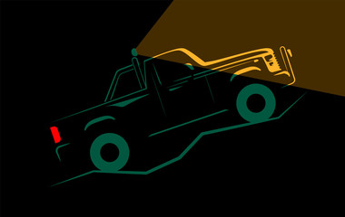 offroad car rides over bumps in the dark with spotlights