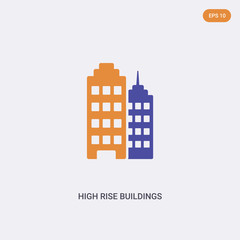 2 color high rise buildings concept vector icon. isolated two color high rise buildings vector sign symbol designed with blue and orange colors can be use for web, mobile and logo. eps 10.