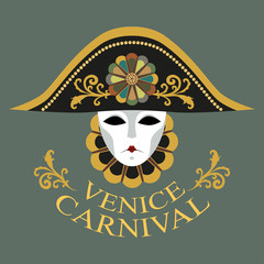 Vector image of a carnival mask in a hat decorated with a gold pattern and a flower. Venetian mask, hat, collar. Image on a gray background.