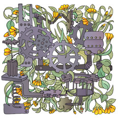 Creative bright steampunk mechanical floral background pattern made of colorful gears with flowers and leaves on white background. Ecological concept. Vector illustration.