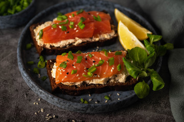 soft cheese and salmon toasts, close-up, top view