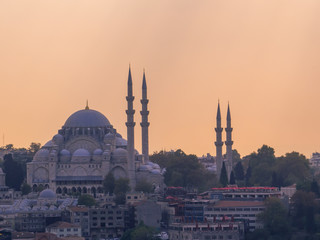 Sunset view of the Suleymaniye Mosque in Istanbul, Turkey