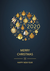 Invitation card for a Christmas party. Design template with xmas hand-drawn graphic illustrations. Greeting card with the New Year and Christmas holidays.