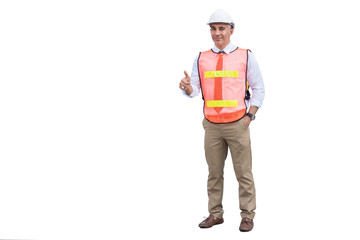 Caucasian male engineer Wearing a white helmet, standing and using hands to make a great symbol, On white isolated background, to people and industry concept.