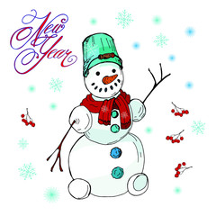 Snowmen, snowflakes, Merry Christmas, color vector isolated illustration on white background, snowflakes, inscription