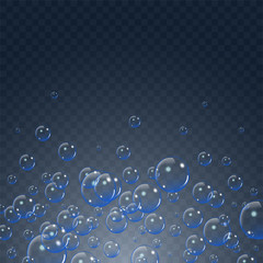 Soap bubbles background, vector illustration. Set of clean water, soap, gas or air bubbles with reflection on transparent background. Realistic underwater.