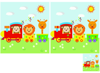 Fototapeta premium Children's puzzles, find 10 differences. Educational game for children. circus animals go by train
