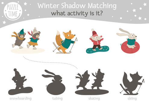 Shadow matching activity for children with animals going for winter sports.  Cute funny smiling fox, bear, mouse, hare. Find the correct silhouette game..  Stock Vector | Adobe Stock