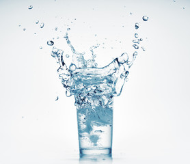 one glass of water with splash from falling ice cube, white background, isolated object
