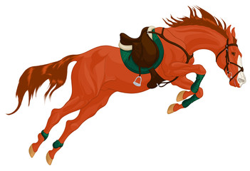 Red stallion overcomes an obstacle in a powerful jump. Illustration of a steed equipped for show jumping competition with green shabrack and bandages. Vector clip art for cross-country equestrianism.