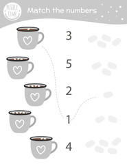 Matching game with cacao cups and marshmallow. Winter math activity for preschool children. Christmas counting worksheet. Educational riddle with cute funny elements..