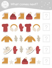 What comes next. Winter matching activity for preschool children with clothes and objects. Funny game for kids. Logical quiz worksheet. Continue the row..