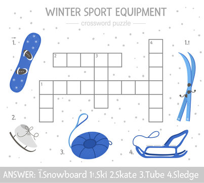 Vector winter crossword puzzle. Bright and colorful winter quiz for children. Educational activity with sport equipment