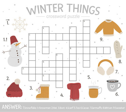 Vector winter things crossword puzzle. Bright and colorful winter quiz for children. Educational activity with cold season elements..