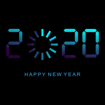 Happy new year 2020 with loading icon pixel art bitmap style.