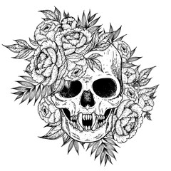 Skull and flowers hand drawn illustration. Tattoo vintage print. Skull sketch.