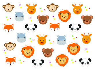background with cartoon circus animal heads (panda, lion, giraffe, bear, monkey, fox, hippopotamus)
