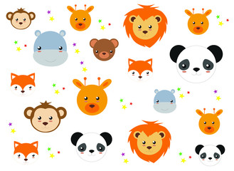 background with cartoon circus animal heads (panda, lion, giraffe, bear, monkey, fox, hippopotamus)