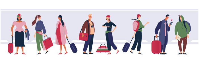 People of different ages, men and women, tourists stand on a peron with luggage. Flat vector illustration.