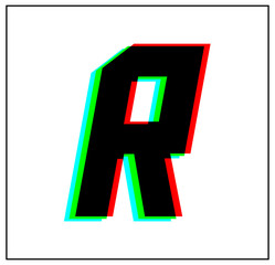 The Letter R. Dynamic, split  color design and unique font, shadow of  number blue, green, red. in...