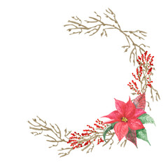 Watercolor hand painted nature winter circle wreath composition with red poinsettia flower and green leaves bouquet, brown branches with red berries on the white background with the space for text