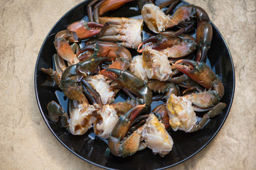 Black crab steep fish sauce and eat with spicy sauce,The favorite food in Thailand