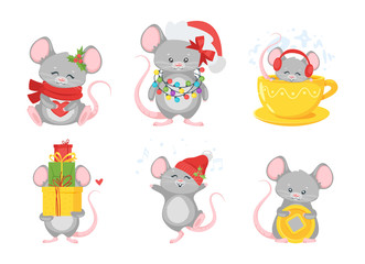 Christmas mouse flat illustrations set
