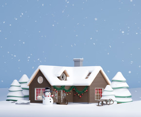 Abstract winter home with snowman in front, christmas decorated stylized house, 3D Rendering, 3D Illustration