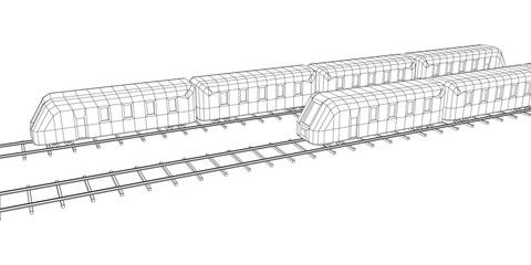 Modern high speed train on straight rails. Railway wireframe low poly mesh vector illustration