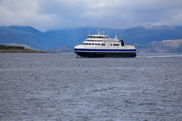 The gas ferry MF Bar&oslash;y arrives at Bognes in Nordland county. This ferry operates to L&oslash;dingen.Norway,Europe