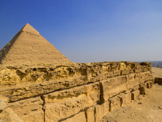 Fototapeta na wymiar View of the Funerary Temple and the Pyramid of Khafre, Giza Necropolis, Cairo, Egypt