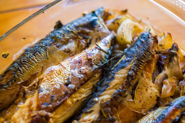 Mackerel baked in the oven, home dish, close-up