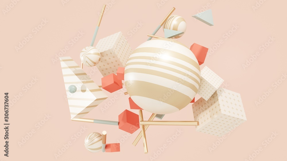 Poster abstract pastel background of flying geometric objects -3d render. festive banner with fun elements.